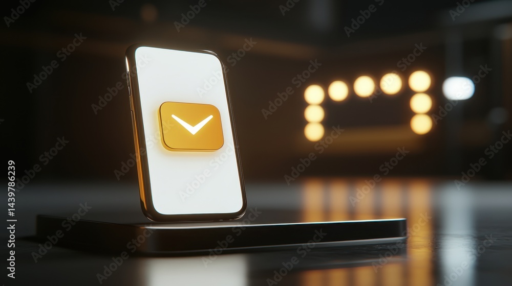 Poster smartphone with a glowing mail icon in a dimly lit environment showcasing modern technology and comm