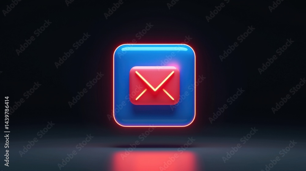 Poster bright and modern mail application icon with glowing effects in a dark background setting