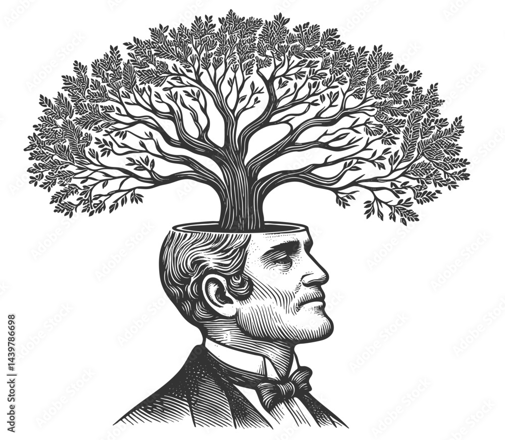 Poster man in a suit with a tree growing from his open head, symbolizing knowledge and growth sketch engrav