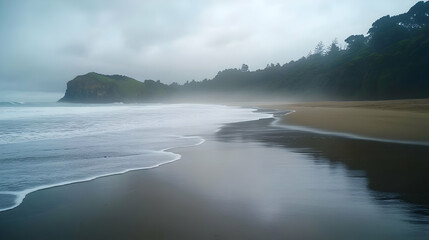Misty Beach Landscape: Waves on Sandy Shore