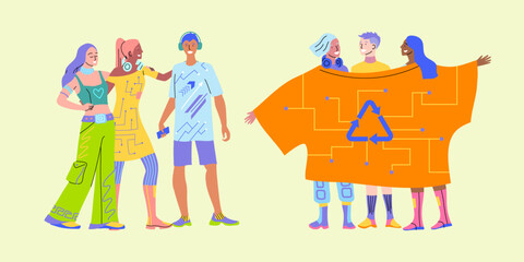 Cartoon Color Characters and Fashion Eco Tech Clothes Concept Concept Flat Design Style. Vector illustration of Virtual Outfit and Prevent Environmental Pollution
