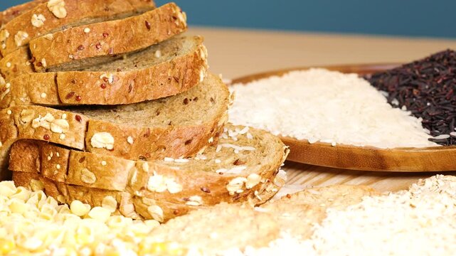 Assorted Grains and Bread Display in Bright Lighting