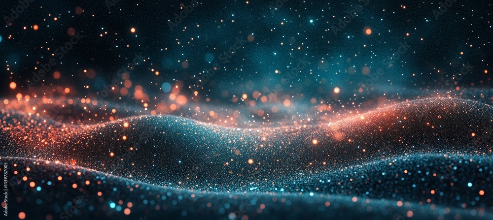 Poster abstract background with sparkling blue and orange glitter particles and dynamic wavy pattern.