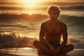 Fototapeta premium Surfer sitting cross-legged on board at shore, peaceful expression, eyes closed, golden sunlight and ocean behind