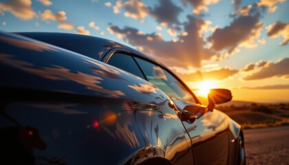 a polished black car under vivid sunset rays, reflections bouncing off the metallic surface creating a cinematic effect.