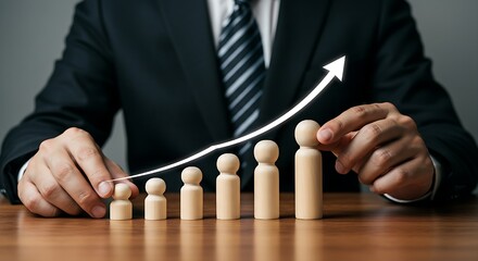 Human resource development concept, marketing graph businessperson, emphasizing the concept of structured development with a bold upward arrow