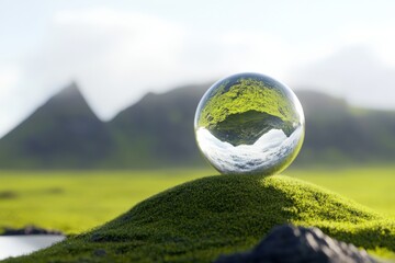 Landscape in crystal ball on grassy hill