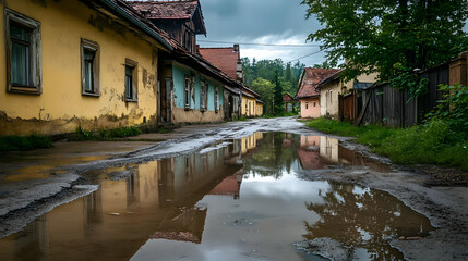 Picturesque Village Street with Aged Houses and Reflective Puddle