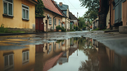 Fototapeta premium Rainy Day Reflection: Charming Old Town Architecture