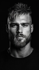 A man with a shaved head and a beard