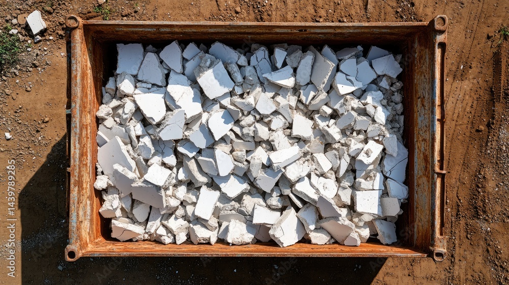 Poster pile of broken pavement and construction debris in open metal waste container