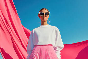 Fashion model posing with flowing pink fabric and blue sky