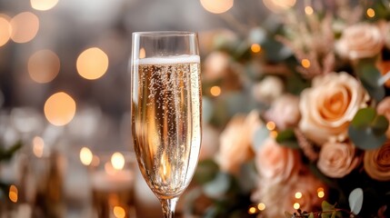 A refined champagne flute filled with sparkling bubbles, set against a beautiful arrangement of roses, capturing a sophisticated ambiance perfect for celebrations and toasting.