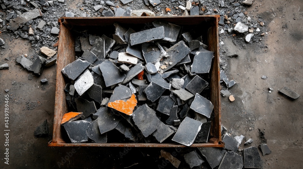 Poster pile of broken pavement and construction debris in open metal waste container