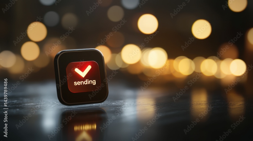 Poster sending a message with a red confirmation button glowing amidst blurred lights
