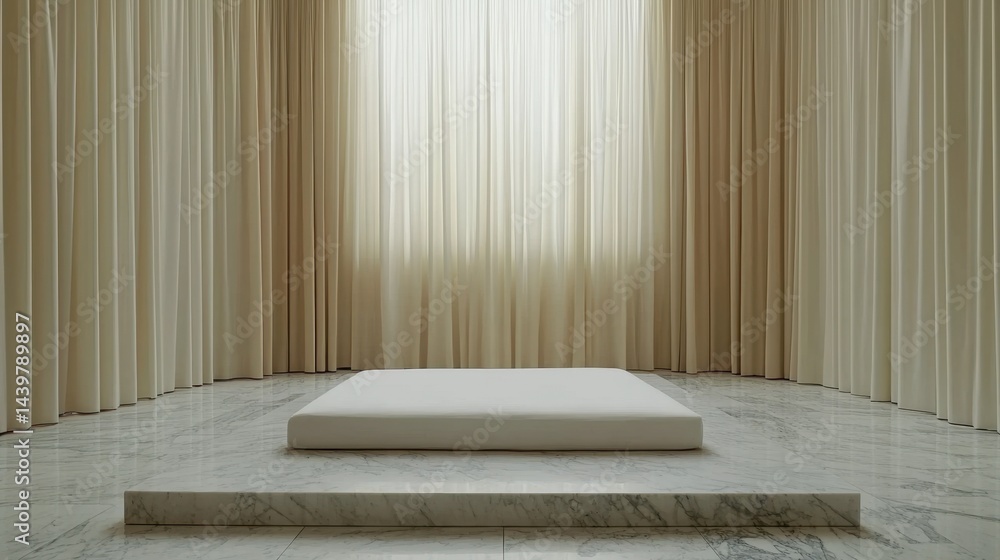 Aufkleber minimalist interior design showcasing a serene space with a raised platform and soft drapes, creatin