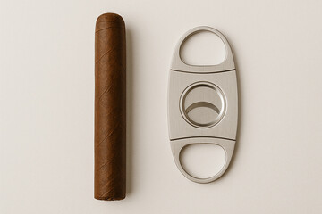 An elegant setup with a cigar lying next to a stainless steel cigar cutter on a clean, bright white background, suggesting preparation or luxury