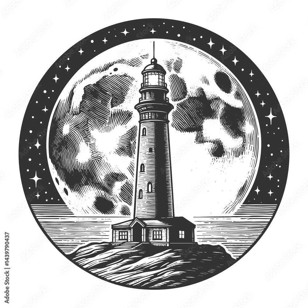 Poster tall lighthouse standing on ocean waves with a massive, cratered moon in the background sketch engra