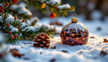 festive christmas ornament with pinecones resting on snowy forest ground, capturing holiday warmth, nature
