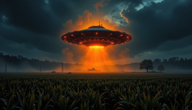 mysterious glowing light envelops tranquil crop field at night, emanating from hovering uap