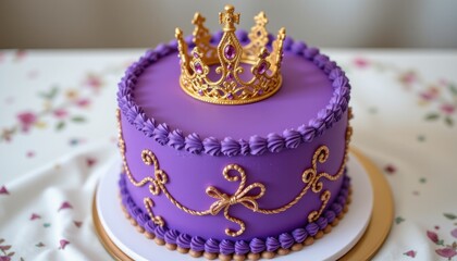 beautiful purple celebration cake with crown topper, rich luxurious design perfect for royal parties, birthdays