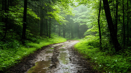Fototapeta premium Picturesque Forest Road Lush Greenery Muddy Path Tranquil Nature Scene