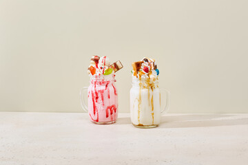 Vibrant Monster Milkshakes in Minimalist Pastel Setting with Bold Contrast and Artistic Composition