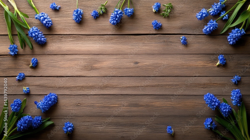 Poster rustic wooden background with vibrant blue hyacinths placed in orderly top-view pattern