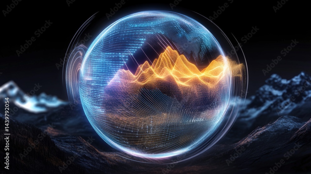 Poster floating sphere visualizes particle density in a futuristic lab setting