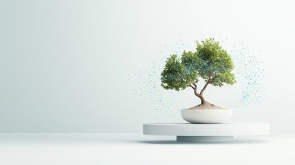 A small tree is sitting on a white pedestal