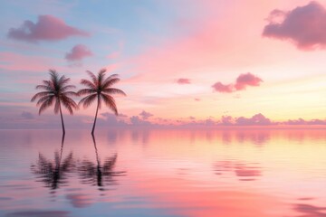 Sunset sky and palm trees reflection