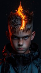 A young boy with a fire on his head