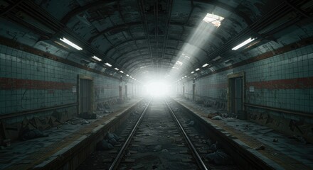 Obraz premium A dark abandoned subway station with broken windows, debris, eerie shadows, and a mysterious atmosphere.