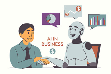 Robot helps businessman vector isolated. AI technology for business. Artificial intelligence assistance. Man communicating with robot.