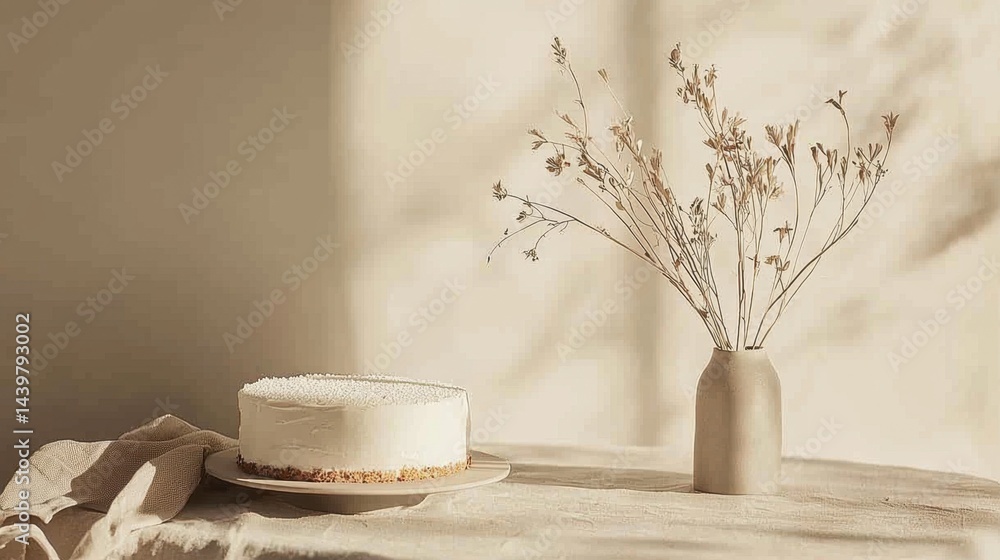 Poster delicate dessert and rustic flowers create a serene table setting in soft, natural light