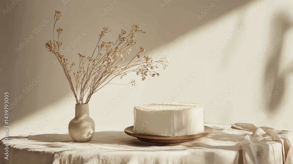 Poster soft light illuminates a minimalistic cake and dried flowers on a table in a serene setting