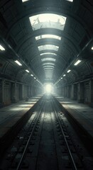 A dark abandoned subway station with broken windows, debris, eerie shadows, and a mysterious atmosphere.