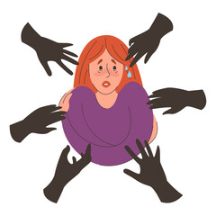 Hands reaching towards woman vector isolated. Scared female character looking at hands, concept of harassment and abuse. Social issues, gender inequality. Arms touching woman without permission.