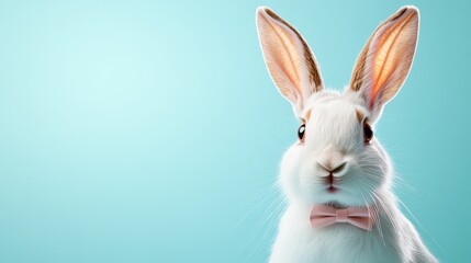 Obraz premium This stylish rabbit in a pink bow tie stands against an aqua background, exuding a sense of charm and playfulness, perfect for evoking joy and creativity in viewers.