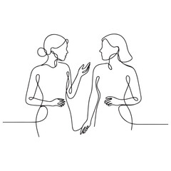 Two Women Talking Trendy Line Art Drawing. People Talking Minimalistic Black Lines Drawing on White Background. Continuous One Line Abstract Drawing. Peoples Modern Design. Vector Black silhouettes. 
