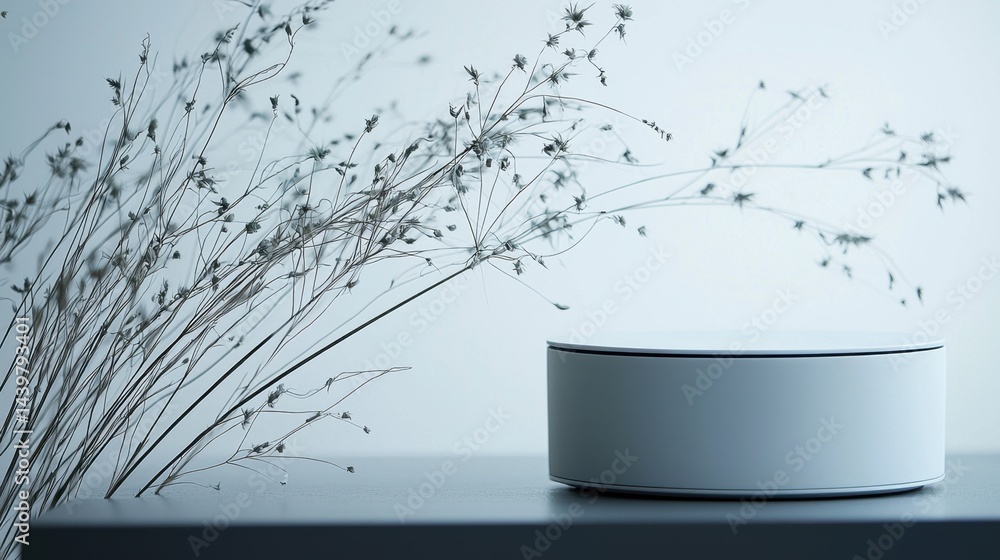 Poster minimalist design of a round white container displayed next to delicate dried flowers on a sleek tab