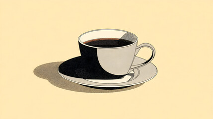 Illustration of a coffee cup on a saucer, with a beige background, minimalist style.

