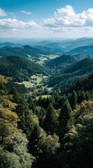 Panoramic valley view from mountaintop, lush forests and fields, scenic landscape, perfect for nature, travel, or background imagery