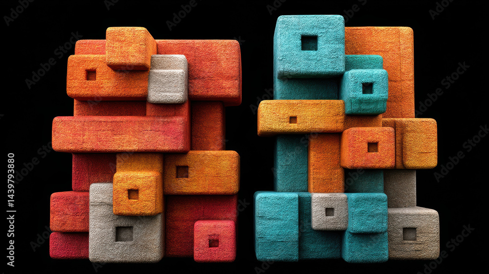Poster vibrant abstract architectural structures showcasing geometric modules in contrasting colors for end