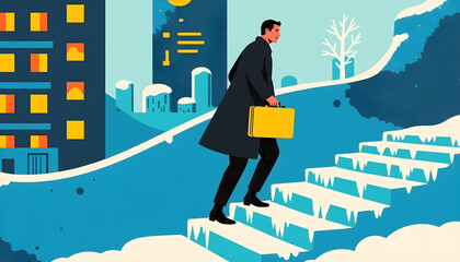 A businessman ascends icy stairs in a winter cityscape, determined to achieve success.