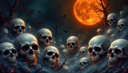 banner of ghostly skulls emerging from misty darkness, creepy scary scene perfect for halloween designs, horror illustrations