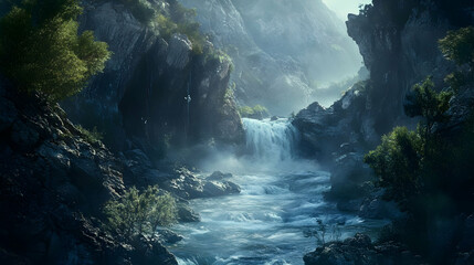 Majestic Waterfall in Mountain Canyon: Breathtaking Nature Photography