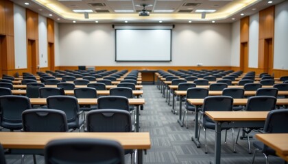 empty university classroom with rows of empty chairs and tables, blurred background symbolizing education, business seminars