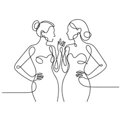 Two Women Talking Trendy Line Art Drawing. People Talking Minimalistic Black Lines Drawing on White Background. Continuous One Line Abstract Drawing. Peoples Modern Design. Vector Black silhouettes. 