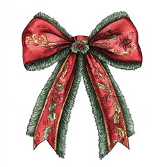 A Festive Watercolor Christmas Bow, Red and Green, Detailed Ornament Design